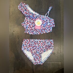 Ruffle Butts Floral Kids Swim Bikini - Red, Blue, White